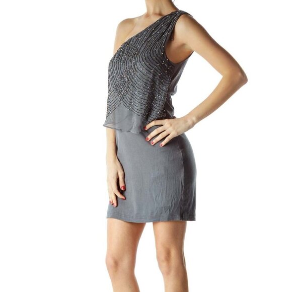 TFNC London Gray Beaded Asymmetric Cocktail Dress - Picture 2 of 3